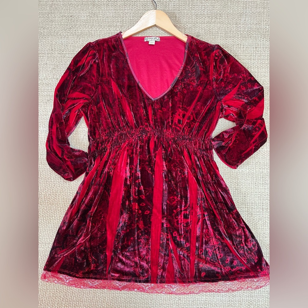 Energe Women's Babydoll Velour Lace Trim V Neck Tunic Top Witchy Whimisigoth